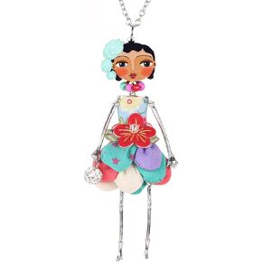 BONSNY Paris Doll Necklace Dress Handmade Pendant Alloy Crystal Flower Long Chain Fashion Jewelry