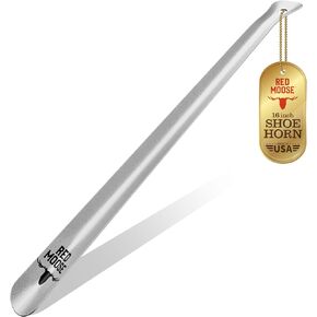 Long Metal Shoe Horn - 16" Shoe Horn Long Handle Wear Shoe Helper - Made in USA - Black - Red Moose