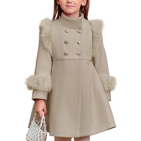 Haloumoning Toddler Girls Faux Fur Dress Coat Kids Winter Warm Jacket Long Sleeve Button Wool Coat 1-8 Years