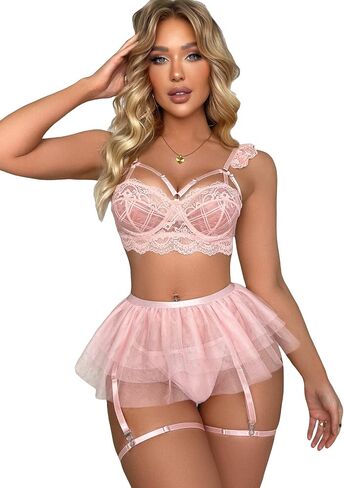 COZYEASE Women's 5 Piece Cute Floral Lace Appliques Lingerie Set Sheer Mesh Underwire Bra And Thongs Panty Skirt Lingerie Set in Saudi Arabia