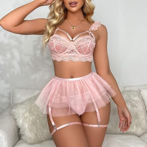 COZYEASE Women's 5 Piece Cute Floral Lace Appliques Lingerie Set Sheer Mesh Underwire Bra And Thongs Panty Skirt Lingerie Set in Saudi Arabia