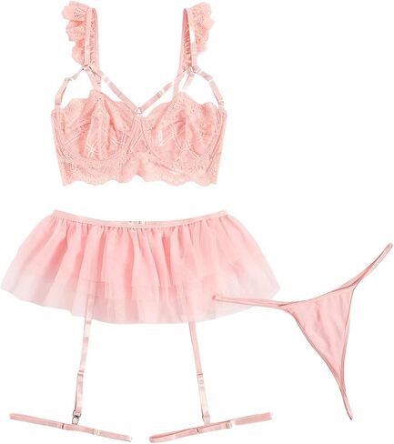COZYEASE Women's 5 Piece Cute Floral Lace Appliques Lingerie Set Sheer Mesh Underwire Bra And Thongs Panty Skirt Lingerie Set in Saudi Arabia