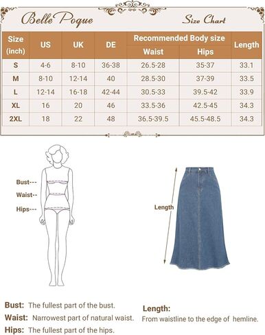 تنورات جينز عتيقة من Belle Poque للنساء بخصر عالٍ مرن بحاشية خام متوترة على شكل حرف a تنانير جينز طويلة مع جيوب in Kuwait