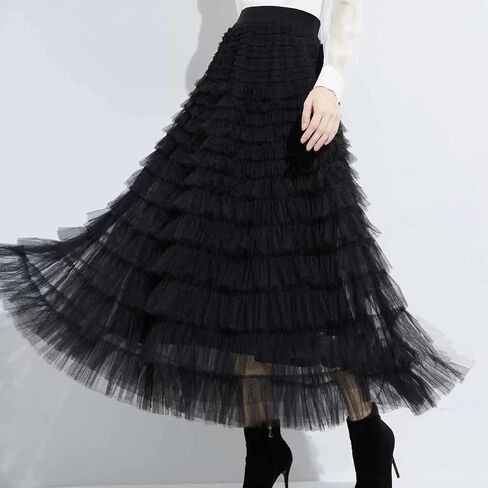 Mliyasan Women’s Multilayer Ruffles Tulle Skirt Pleated High Waist Fluffy Maxi Skirt Fairy Cake Dress Long Tutu Party Skirt in Kuwait