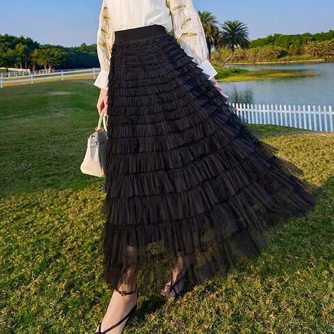 Mliyasan Women’s Multilayer Ruffles Tulle Skirt Pleated High Waist Fluffy Maxi Skirt Fairy Cake Dress Long Tutu Party Skirt in Kuwait