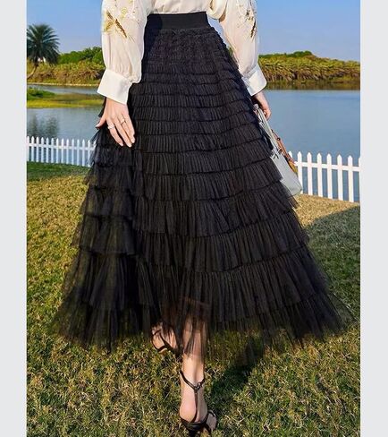 Mliyasan Women’s Multilayer Ruffles Tulle Skirt Pleated High Waist Fluffy Maxi Skirt Fairy Cake Dress Long Tutu Party Skirt in Kuwait