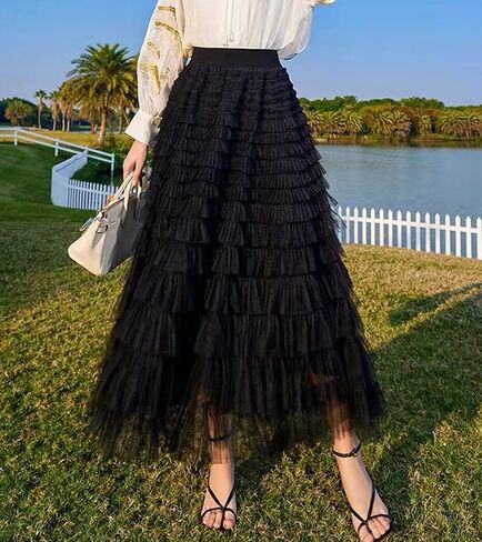 Mliyasan Women’s Multilayer Ruffles Tulle Skirt Pleated High Waist Fluffy Maxi Skirt Fairy Cake Dress Long Tutu Party Skirt in Kuwait
