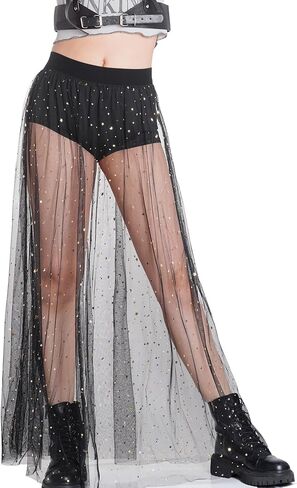 تنورة شبكية شفافة عالية الخصر 2 في 1 تنورة طويلة شفافة بطباعة المجرة للنساء in Kuwait