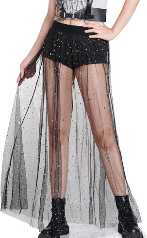 تنورة شبكية شفافة عالية الخصر 2 في 1 تنورة طويلة شفافة بطباعة المجرة للنساء in Kuwait