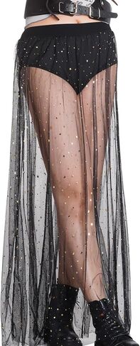 تنورة شبكية شفافة عالية الخصر 2 في 1 تنورة طويلة شفافة بطباعة المجرة للنساء in Kuwait