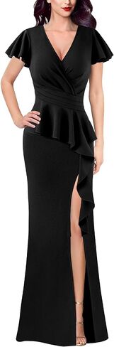 VFSHOW Womens Ruched Wrap V Neck Ruffle Formal Prom Peplum High Slit Maxi Dress 2023 Wedding Guest Cocktail Evening Long Gown in Saudi Arabia