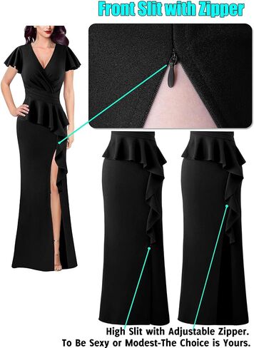 VFSHOW Womens Ruched Wrap V Neck Ruffle Formal Prom Peplum High Slit Maxi Dress 2023 Wedding Guest Cocktail Evening Long Gown in Saudi Arabia