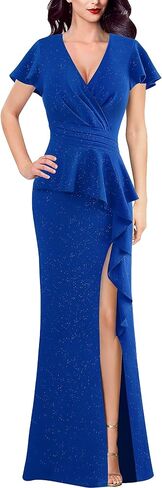 VFSHOW Womens Ruched Wrap V Neck Ruffle Formal Prom Peplum High Slit Maxi Dress 2023 Wedding Guest Cocktail Evening Long Gown in Saudi Arabia