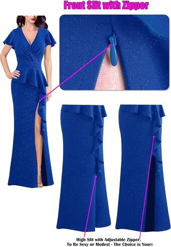 VFSHOW Womens Ruched Wrap V Neck Ruffle Formal Prom Peplum High Slit Maxi Dress 2023 Wedding Guest Cocktail Evening Long Gown in Saudi Arabia
