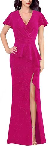 VFSHOW Womens Ruched Wrap V Neck Ruffle Formal Prom Peplum High Slit Maxi Dress 2023 Wedding Guest Cocktail Evening Long Gown in Saudi Arabia