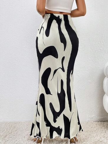GORGLITTER Women's Graphic Print Frill Trim High Waisted Bodycon Maxi Skirt in Saudi Arabia