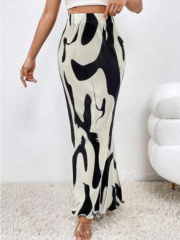GORGLITTER Women's Graphic Print Frill Trim High Waisted Bodycon Maxi Skirt in Saudi Arabia