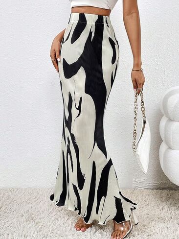 GORGLITTER Women's Graphic Print Frill Trim High Waisted Bodycon Maxi Skirt in Saudi Arabia
