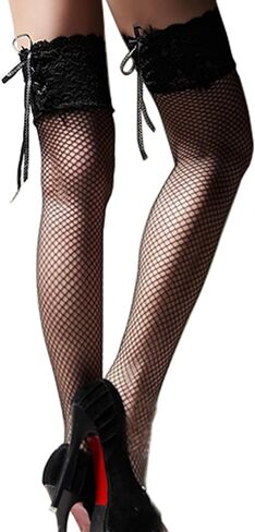 جوارب نسائية شفافة ذات فخذ عالٍ من شبكة صيد السمك، جوارب علوية بفيونكة من الساتان مع دانتيل مريح in Kuwait