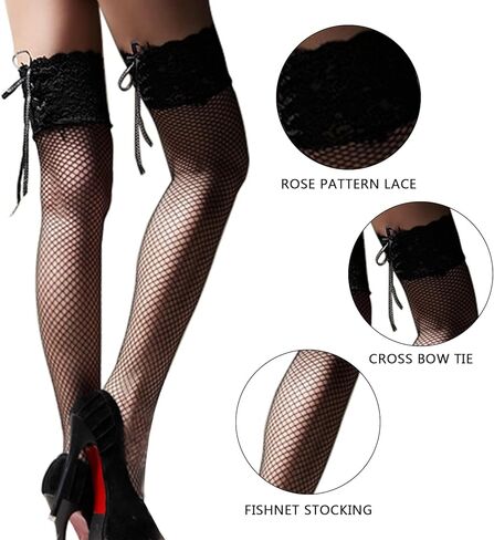 جوارب نسائية شفافة ذات فخذ عالٍ من شبكة صيد السمك، جوارب علوية بفيونكة من الساتان مع دانتيل مريح in Kuwait