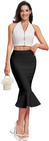 تنورة Maketina نسائية أساسية عالية الخصر على شكل ذيل السمكة، تنورة ضيقة على شكل حورية البحر، تنورة متوسطة الطول للحفلات المسائية in Kuwait