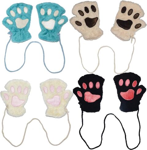Chiclinco Women Fingerless Paw Gloves, Plush Cat Bear Claw Plush Mittens Half Finger Glove for Teens Kids in Kuwait