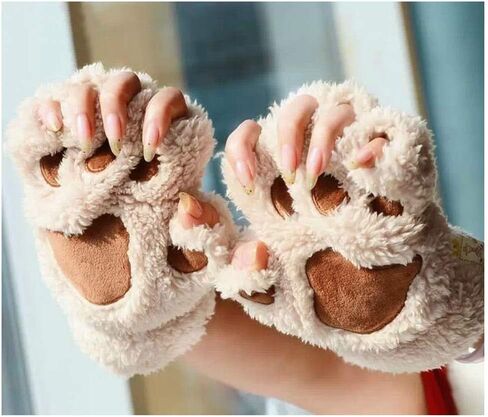Chiclinco Women Fingerless Paw Gloves, Plush Cat Bear Claw Plush Mittens Half Finger Glove for Teens Kids in Kuwait