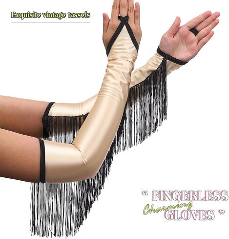 قفازات شرابة بدون أصابع، قفازات من الساتان، قفازات بطول الكوع، قفازات أوبرا من عشرينيات القرن العشرين، قفازات تنكرية للنساء والفتيات in Kuwait