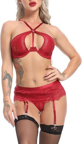 Women Lingerie Set with Garter Belts Strappy Underwire Bra and Panty Sets Lace Underwear in Saudi Arabia