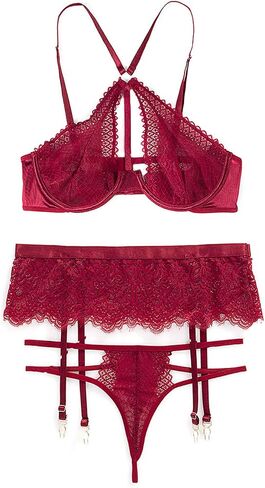 Women Lingerie Set with Garter Belts Strappy Underwire Bra and Panty Sets Lace Underwear in Saudi Arabia