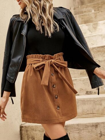 WDIRARA Women's Bow Front Belted Button Front High Waisted Slim Fitted Casual Mini Skirts in Saudi Arabia