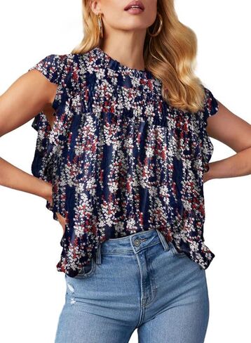 Dokotoo ملابس علوية نسائية صيفية كاجوال بياقة دائرية وطبعة زهور قمصان بيبي دول بأكمام قصيرة مكشكشة in Kuwait