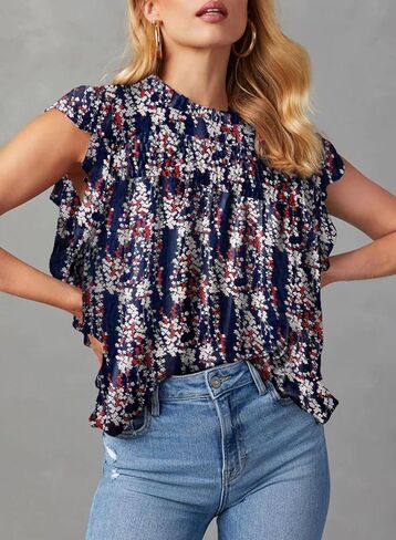 Dokotoo ملابس علوية نسائية صيفية كاجوال بياقة دائرية وطبعة زهور قمصان بيبي دول بأكمام قصيرة مكشكشة in Kuwait