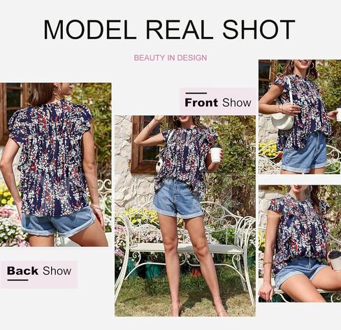 Dokotoo ملابس علوية نسائية صيفية كاجوال بياقة دائرية وطبعة زهور قمصان بيبي دول بأكمام قصيرة مكشكشة in Kuwait