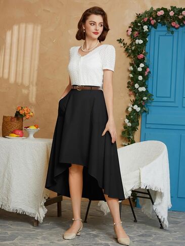 تنورة غير متماثلة من Belle Poque مع جيوب تنانير متوسطة الطول عالية الخصر للنساء تنورة صيفية مع حزام 2024 in Saudi Arabia