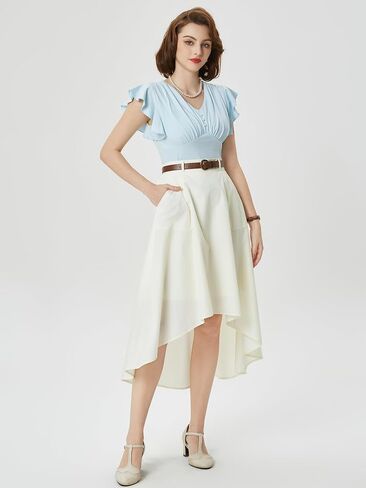 تنورة غير متماثلة من Belle Poque مع جيوب تنانير متوسطة الطول عالية الخصر للنساء تنورة صيفية مع حزام 2024 in Saudi Arabia