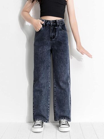 روموي بنطلون جينز كلاسيكي للبنات بخصر مرتفع وقصة مستقيمة وقصة عادية in Kuwait