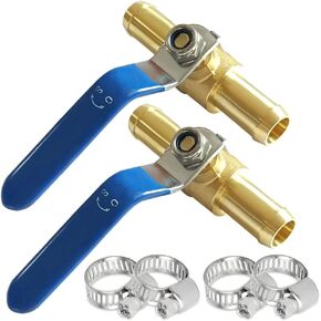 2PCS Brass 3/4"OD Barb Ball Valve Heater Water Control Valve 2-way Shut-off Valve with 90° Operation Handle Hose Barb Fitting for Water/Oil/Gas Include 4 Stainless Steel Clamps