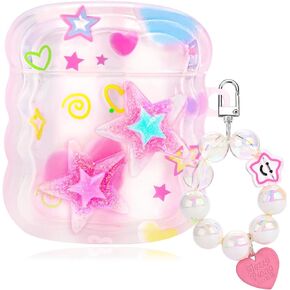 Cute Star Airpod Case with Keychain Aesthetic Kawaii Airpods 2nd/1st Generation Case Cover for Women Girl