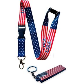 USA Flag Keychain With Keyring & Matching USA Flag Lanyard With Detachable Buckle Clip