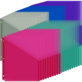 Maitys 50 Pack Binder Pockets 3 Hole Punch Clear Plastic Document Folders Binder Organizer Letter Size Plastic Folders with Pockets Slash File Jacket for Office (Happy Color,9.25 x 11.22 Inch)