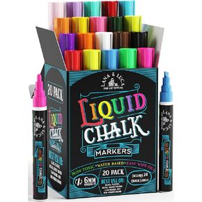 Liquid Chalk Markers for Blackboards - Bold Color Dry Erase Marker Pens Chalkboards Signs, Windows, Blackboard, Glass - 6mm Reversible Tip (20 Pack)
