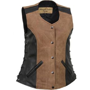 Milwaukee Leather MLL4508 Women's 'Trickster' Vintage Two Tone Crazy Horse Brown and Black Leather Club Style Motorcycle Vest
