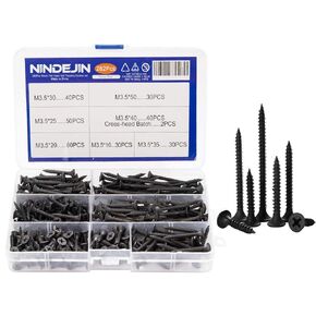 NINDEJIN M3.5 Self Tapping Screws Assortment Kit, Carbon Steel Galvanised Wood Screws, 282pcs Black Phillips Drive Flat Head Self-Tapping Wood Screws with Cross-Head Batch