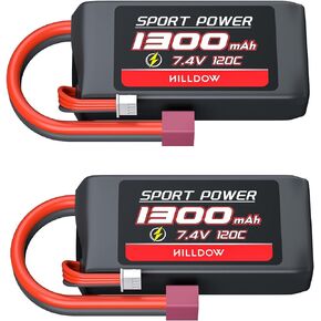 Hilldow 7.4V Lipo RC Battery 2S 120C 1300mAh Lipos Batteries Rechargeable with Dean-Style T Connector for RC Models Airplane Helicopter UAV Remote Control Quadcopter Drone FPV M30(2 Packs)