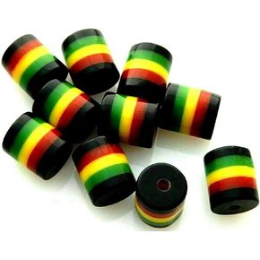 100 Rasta Jamaica UPOV Black Red Green Yellow Striped 9x8mm Round Tube Resin Beads, Small