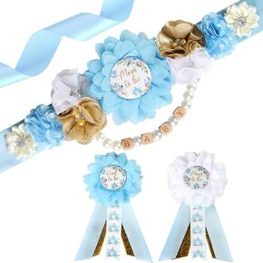JOYMEMO Blue Tea Baby Shower Maternity Sash Kit - Tea Theme Flower Baby Shower Belly Belt and Mom to Be & Dad to Be Corsage Pins, Pregnancy New Parents Photo Props Teapot Baby Shower Decor