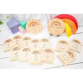 Baby Monthly Milestone Growth Announcement | Hello World | First Year | Photoshoot | Pregnancy Gift |Wooden Cards Markers Cutout Sunshine Rainbow Boho