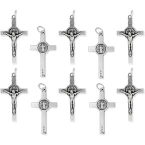 Pack of 10 - Saint Benedict Crucifixes (1.5 Inch Crucifix, Silver Oxidized) - Bulk Rosary Making Supplies, Made in Italy
