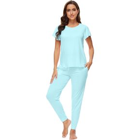 WiWi Womens Short Sleeve Pajama Sets Viscose from Bamboo Pajamas Soft Sleepwear Long Jogger Pants Loungewear S-XXL